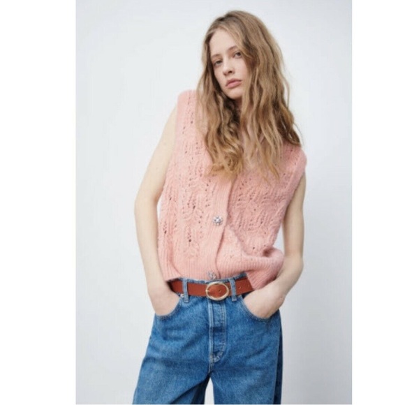 ZARA Jewel button knit vest cardigan sweater pink Sz S - Picture 7 of 13